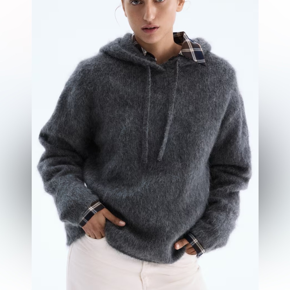H&M] Gray Mohair blend Wool Fuzzy Relaxed fit Hooded Sweater